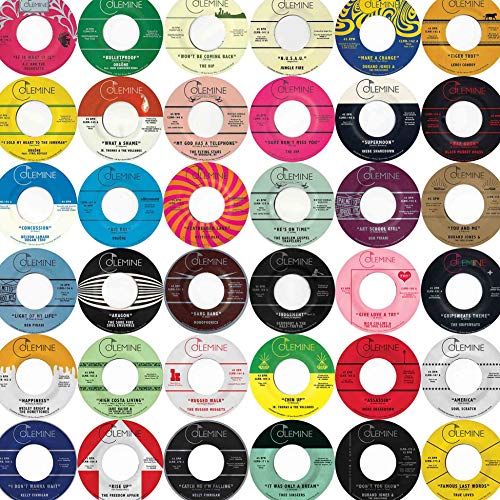 A grid of thirty colorful Colemine Records vinyl record labels featuring various artists and songs.