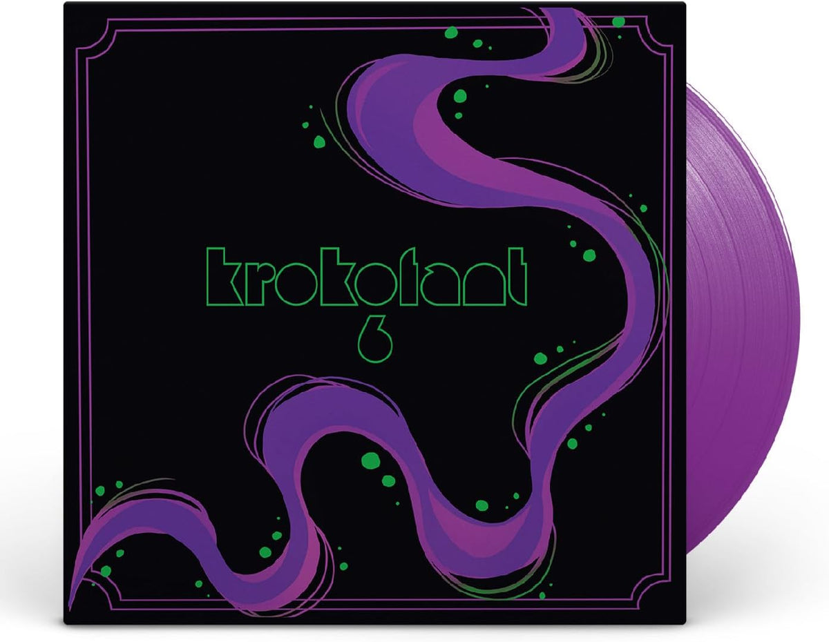 Purple vinyl record with black cover featuring swirling green and purple designs.