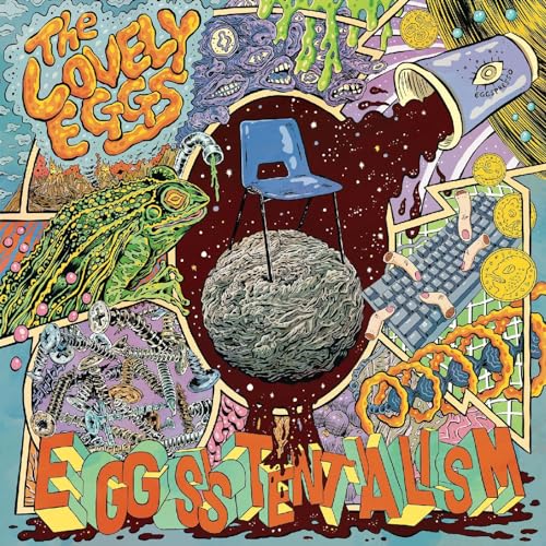 Surreal album cover with a toad, chair, and textured sphere amidst chaotic imagery.
