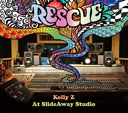 CD cover for “Rescue” by Kelly Z, with colorful psychedelic artwork and studio scene.