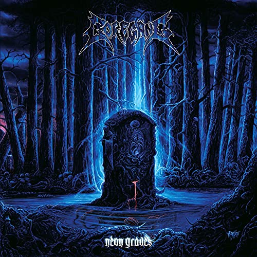 Dark forest scene with a glowing stone monument and album title.