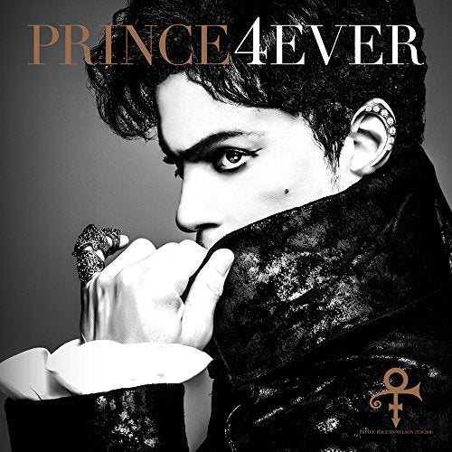 Prince’s “4Ever” CD cover: black and white portrait, ornate jewelry.