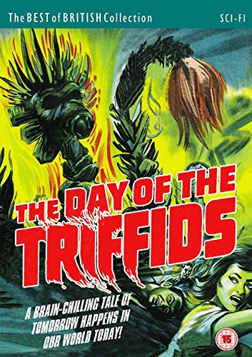 Woman fleeing large plant monster with spiky leaves and long stinger on DVD cover.