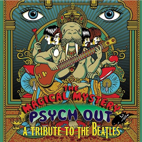 Psychedelic album cover featuring a walrus, guitars, and eyes, honoring The Beatles.