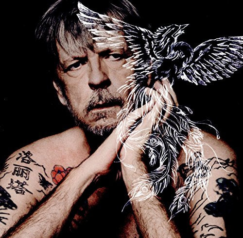 Renaud album cover: portrait of a man with bird imagery and tattoos.