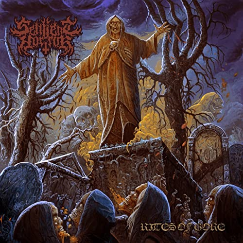 Dark album cover depicting a hooded figure amidst skulls and graves.