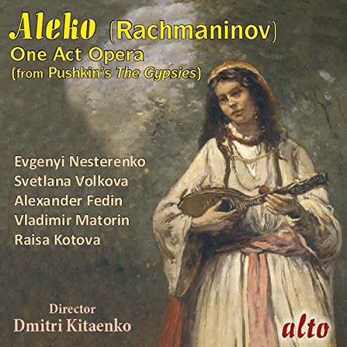 CD cover for Rachmaninov’s “Aleko” opera featuring a woman with a lute.