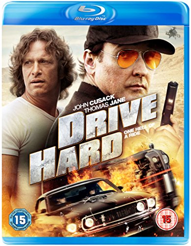 “Drive Hard” Blu-ray cover featuring John Cusack and Thomas Jane, with a car.