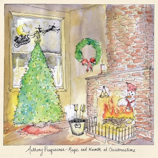 Watercolor illustration of a Christmas scene with a tree, fireplace, and window.