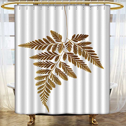 White shower curtain with a large golden fern leaf design.