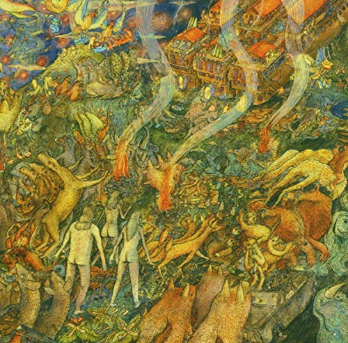 Detailed, colorful painting of a fantastical landscape with figures and animals.
