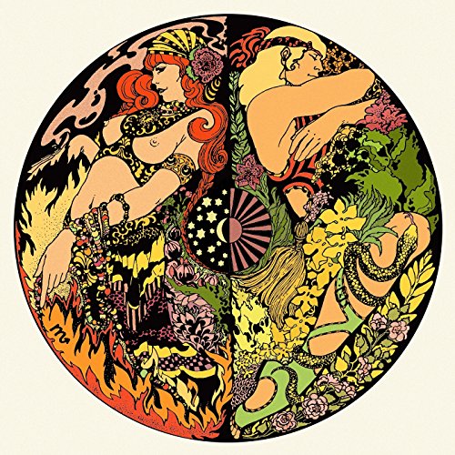 Circular album art depicting two women with contrasting color schemes and symbolism.