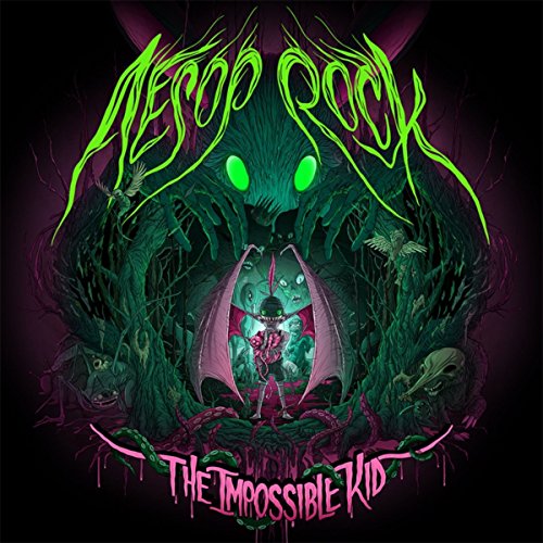 Album cover for Aesop Rock’s “The Impossible Kid” with surreal, dark imagery.