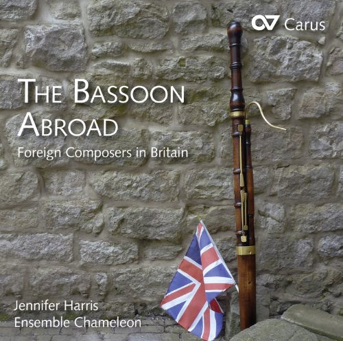 CD cover: bassoon, Union Jack flag, and stone wall background.