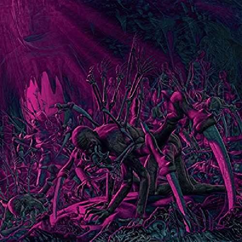 Dark, abstract album cover with distorted figures in a purple, textured landscape.