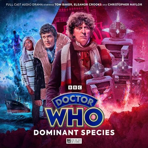 The Fourth Doctor, companions, and robots on a fiery, cosmic background.