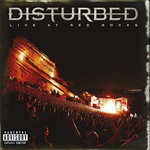 Disturbed live album cover featuring Red Rocks Amphitheatre at sunset.