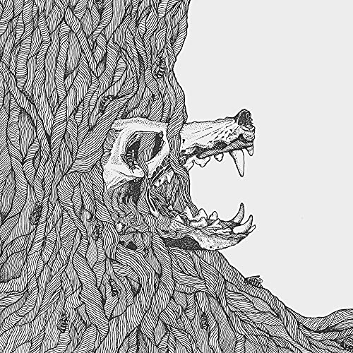 Black and white illustration of a wolf skull emerging from tree roots.