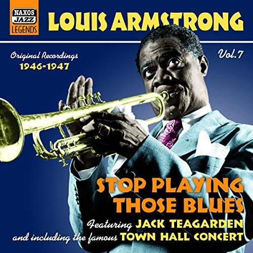 Louis Armstrong playing a golden trumpet, album cover for “Stop Playing Those Blues.”