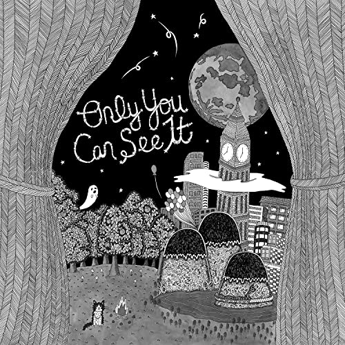 Black and white illustration of a moonlit cityscape with whimsical details.
