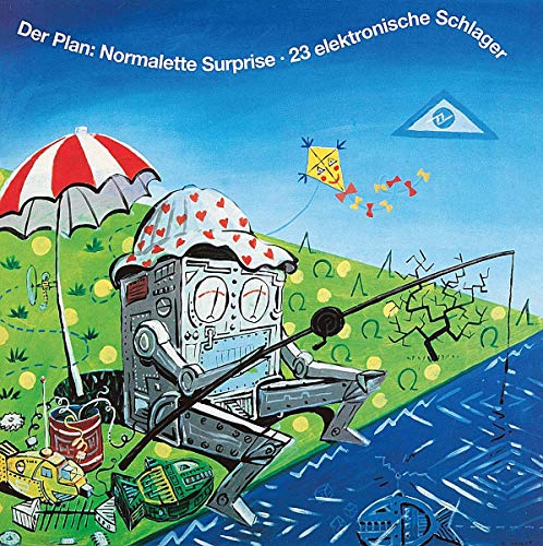CD cover: Robot with umbrella, hearts, and fishing rod in a landscape.
