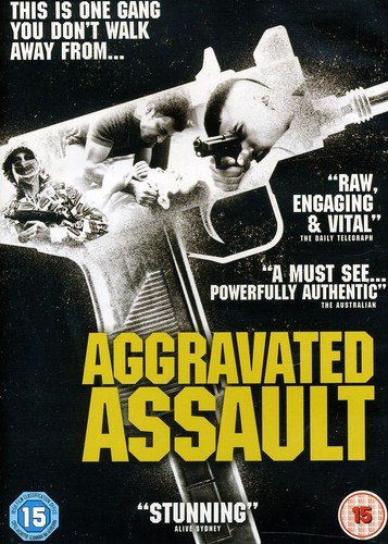 DVD cover for “Aggravated Assault” featuring figures with guns and a large pistol.