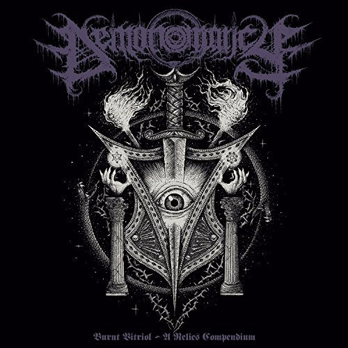 Black and white album cover with ornate, gothic imagery and text.