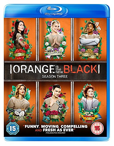 Orange Is The New Black" Season 3 Blu-ray cover with character portraits.