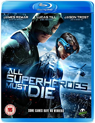 Blu-ray cover for All Superheroes Must Die featuring two masked figures against city background.