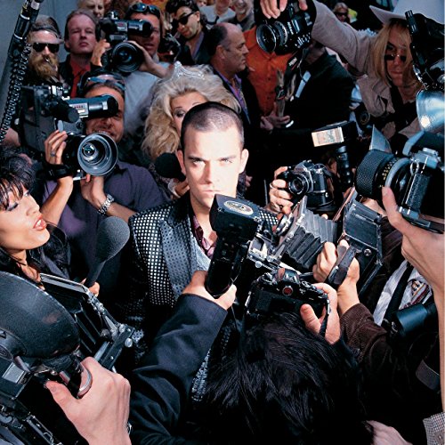 Robbie Williams surrounded by cameras and paparazzi, album cover art.
