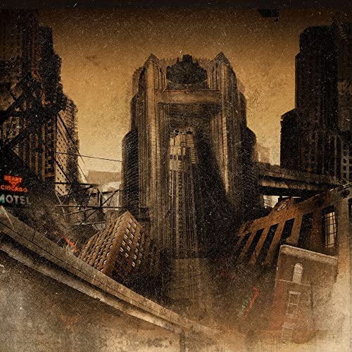 Distressed, sepia-toned cityscape with imposing architecture and a motel sign.