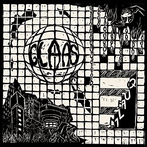 Black and white album cover with a globe, chains, and building silhouettes.