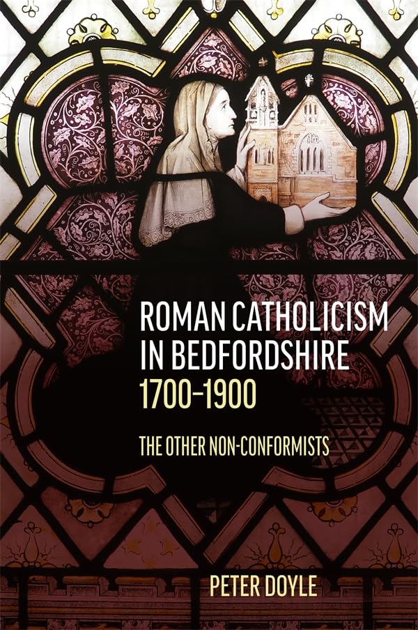 Book cover depicting stained glass, a woman, and a church.