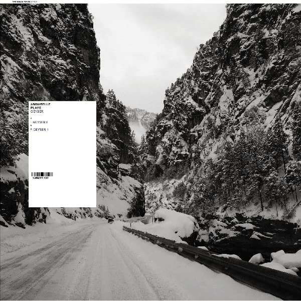 Vinyl record cover with a black and white landscape of snowy mountains.