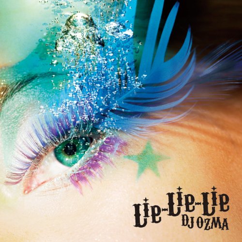 Close-up of an eye with colorful makeup, bubbles, and feather accents.