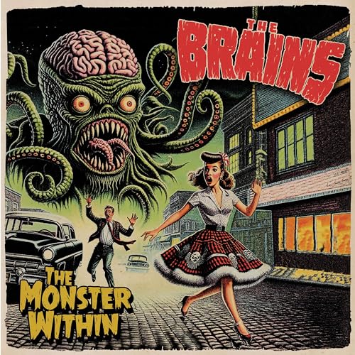 CD cover: monster brain with tentacles, screaming woman, and 1950s street scene.