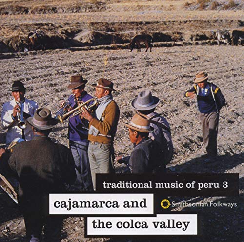 Peruvian musicians playing brass instruments in a rural, mountainous landscape.