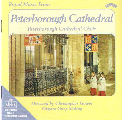 CD cover: Peterborough Cathedral choir with organ pipes and banners.