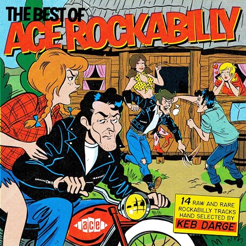 Record album cover: cartoon illustration of rockabilly musicians and a motorcycle.