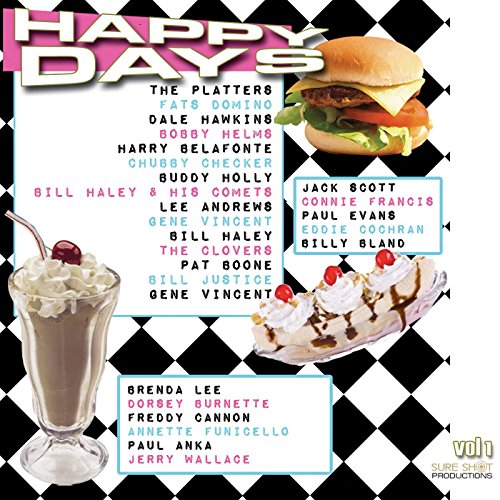 CD cover for “Happy Days Vol. 1” featuring artists and diner food.