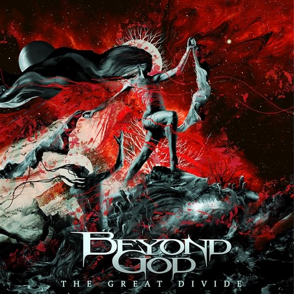 Dark, surreal album cover featuring figures amidst a red, cosmic background.