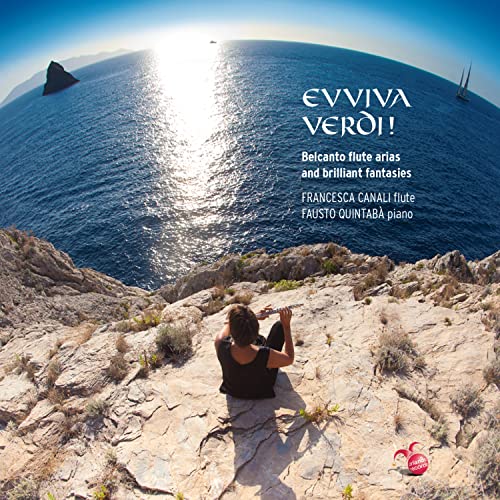 CD cover: flutist playing on a rocky cliff overlooking the sea.