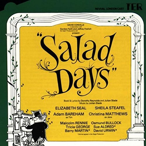 CD cover for “Salad Days” musical, yellow background, ornate frame, cast names.