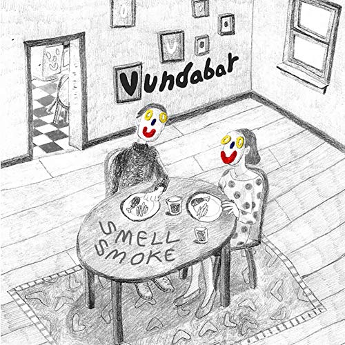 Pencil drawing of two clown-faced people at a dining table.