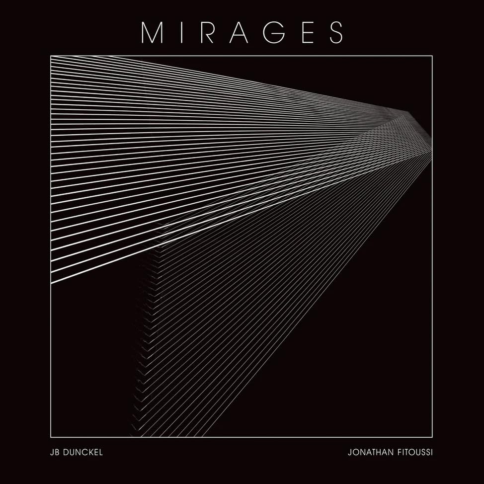Black album cover with white linear design and artist names below.