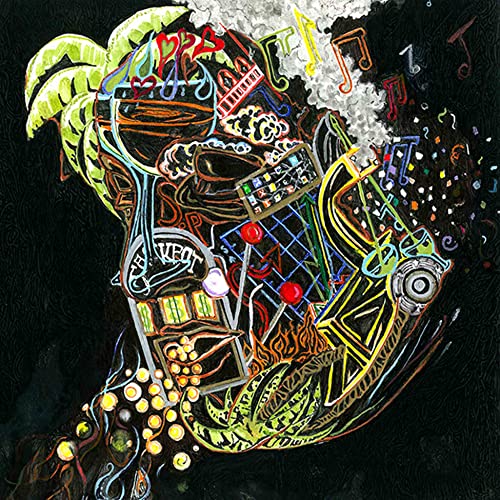 Abstract colorful portrait with electronic elements and musical notes.
