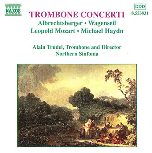 CD cover for "Trombone Concerti" featuring a pastoral landscape painting.