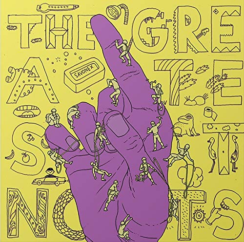 Yellow album cover with purple hand illustration and tiny climbing figures.