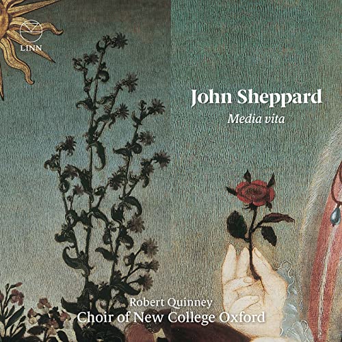 CD cover featuring floral artwork and text: John Sheppard, Media vita.