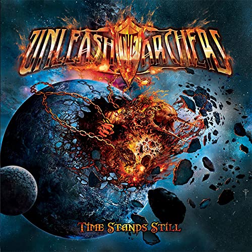 Album cover for Unleash The Archers’ “Time Stands Still” with fiery destruction.